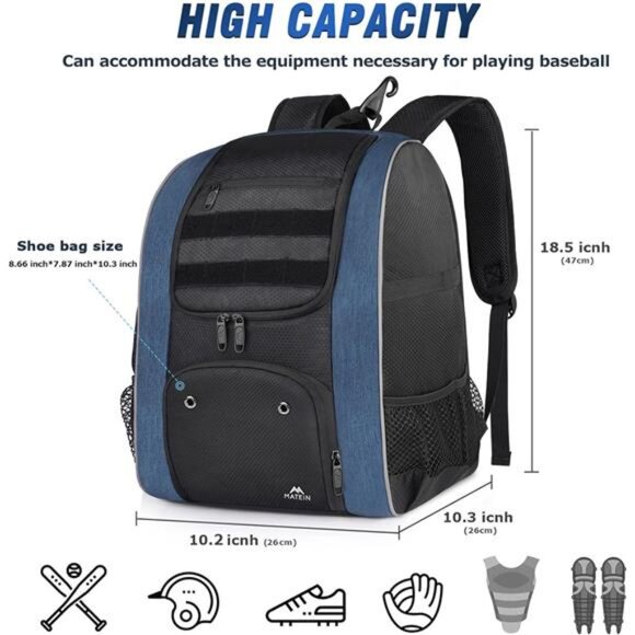 Baseball Backpack, Lightweight Softball Bags with Shoes Compartment for Men - Picture 4 of 7
